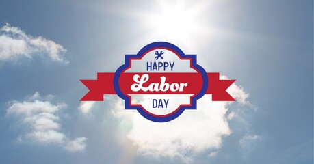 Happy labor day text and tool icons against clouds in blue sky