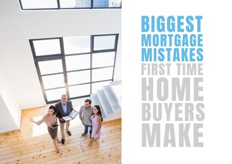 Composition of biggest mortgage mistakes text, with real estate agents and couple in modern home