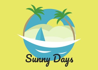 Composition of sunny days text, with desert island design on yellow