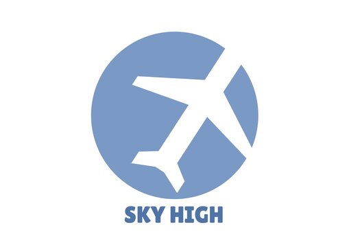 Composition of sky high text, with white aeroplane in blue circle on white