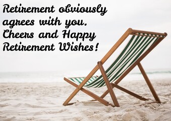 Composition of happy retirement wishes with deckchair on beach