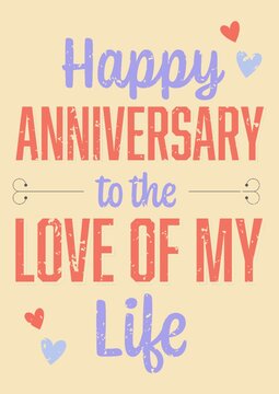 Composition of happy anniversary text with heart design on cream background