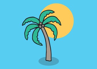 Obraz premium Composition of palm trees with yellow sun on blue background