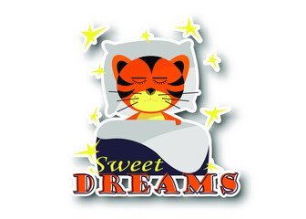 Sticker dreaming tigers with text sweet dreams on white background. Symbol of 2022 year. Cheerful kind animal child. Cartoons flat style. Funny. Vector