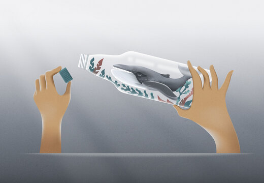 Man unscrew the lid off a plastic bottle with a blue whale. 