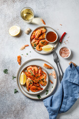 Ready-made shrimps with sauce on plate