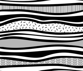 Wave textured seamless pattern. Black white contrasting hand made vector illustration