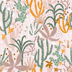 Tropical jungle seamless pattern. Vector illustrations of plants, cacti, succulents in a simple cartoon hand-drawn style. Pastel earthy palette.