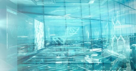 Animation of medical data processing over modern building and cityscape - Powered by Adobe
