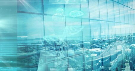 Animation of medical data processing over modern building and cityscape - Powered by Adobe