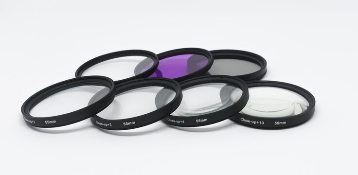 Macro camera lens, close-up, +1 +2 +4 +10, infinity white background, UV, FLD and CPL filters.