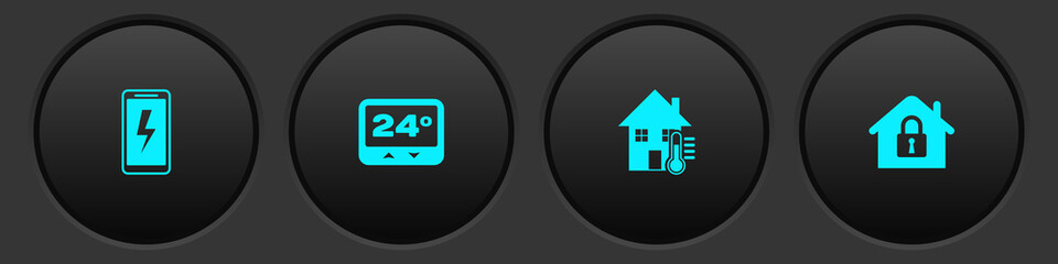 Set Mobile charging battery, Thermostat, House temperature and under protection icon. Vector