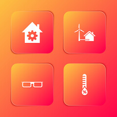 Set Smart home settings, House with wind turbine, Glasses and Humidity icon. Vector