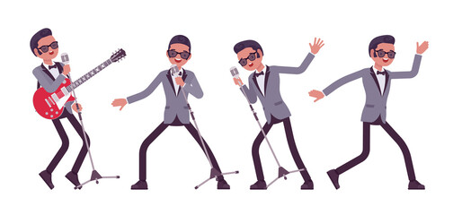 Musician, jazz, rock and roll man singing, dance or karaoke. Electro guitar performer, pop star music band or popular night club solo artist, rock concert. Vector flat style cartoon illustration