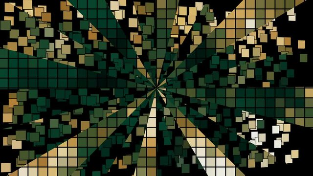 Golden green abstract background. Animation of floating pixels, divided into segments.