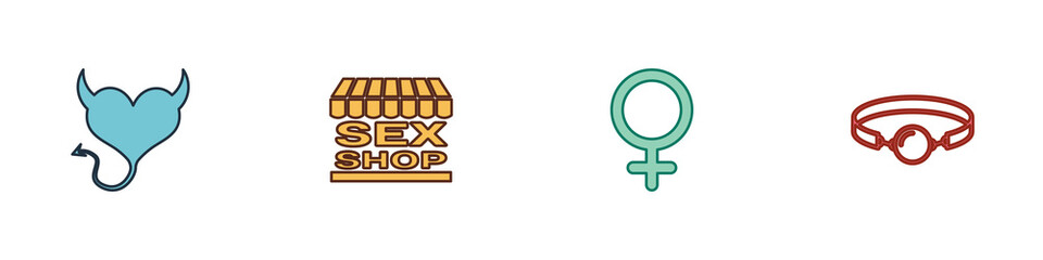 Set Devil heart with horns, Sex shop building, Female gender symbol and Silicone ball gag icon. Vector