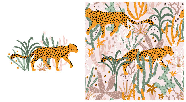 Leopard in Tropical Jungle Seamless Pattern. Vector illustrations of animal, plants, cacti, succulents in a simple cartoon hand-drawn style. Pastel earthy palette.