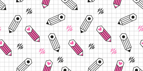 Cute seamless pattern with pencils and pencil scratches on the checkered white background. Black, white and pink stationery background. Vector kids pattern with school theme.