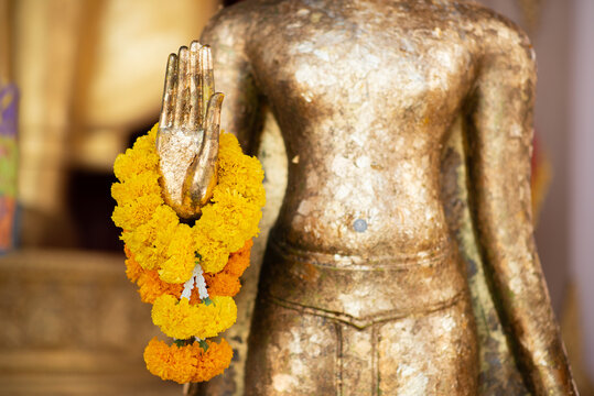 Buddha statue with raw of Brass. Hand of buddha statue with. marigold garland and rose garland. Believe, Culture, Traditional. Buddhist believe and merit. Calm and meditation concept.