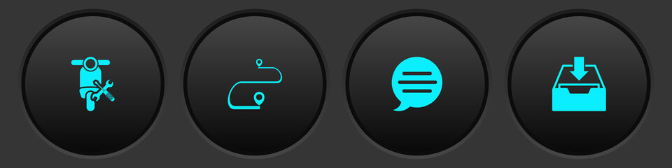 Set Scooter service, Route location, Speech bubble chat and Download inbox icon. Vector