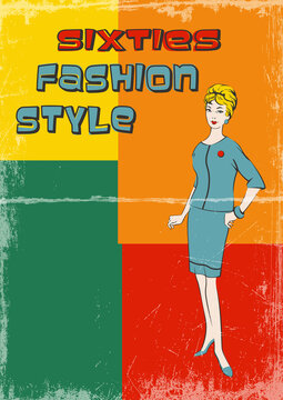 1960s Fashion Model Illustration, Vintage Trend Dress And Young Woman Model 