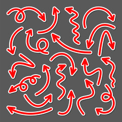 Colorful hand drawn arrow stickers set. Red pointers collection. Simple arrows in different shapes. Direction signs. Vector illustration.