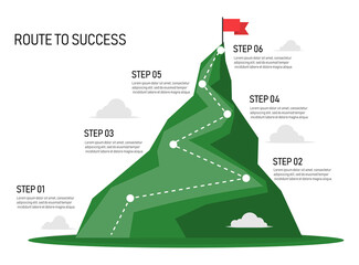 Six step mountain infographic. Path to top of mountain. Business strategy to success. climbing route to goal. business and achievement concept. vector illustration in flat style modern design. - obrazy, fototapety, plakaty
