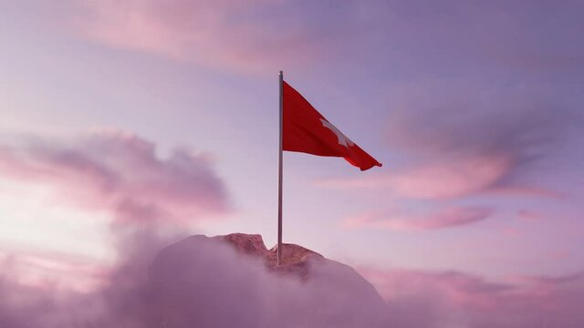 animation of waving Swiss flag on rocky landscape and white clouds
