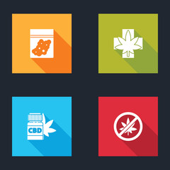 Set Plastic bag of cannabis, Medical marijuana or leaf, bottle with and Stop icon. Vector