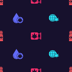 Set Legalize marijuana globe, Marijuana or cannabis olive oil, and store and Medical bottle with on seamless pattern. Vector