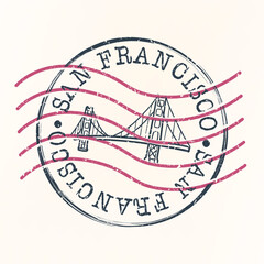 Golden Gate Bridge, San Francisco, USA Stamp Postal. Silhouette Seal. Flag Passport Round Design. Vector Icon. Design Retro Travel. National Symbol.