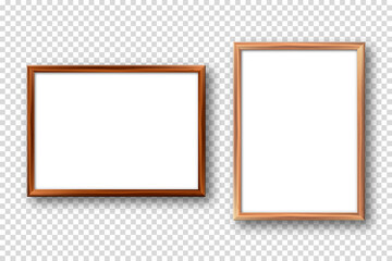 Realistic wooden picture frames with shadow on checkered background. Blank poster mockup. Empty photo frame. Vector illustration.