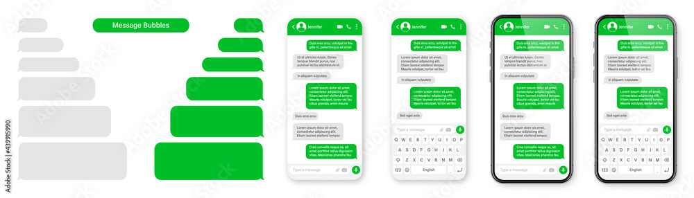Wall mural realistic smartphone with messaging app. blank sms text frame. conversation chat screen with green m