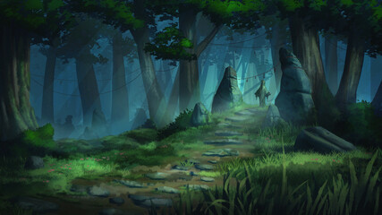 An ancient path leads to a moonlit idol standing inside a stone arch in a magical forest, trees and stones around, 2D illustration © Iobard
