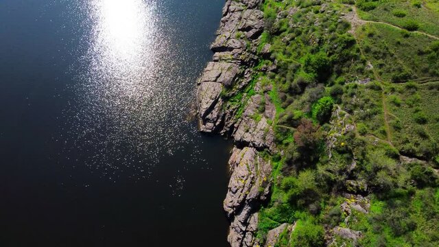 Aerial View of Beautiful Rocks above the River. Rocky Coast