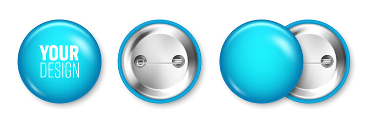 Realistic blue blank badge isolated on white background. Glossy 3D round button. Pin badge, brooch mockup for product promotion and advertising. Vector illustration.