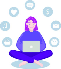 vector illustration of a girl with pink hair working online on a laptop