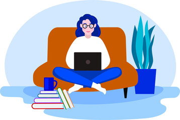 vector illustration of a girl working remotely on a laptop at home on the couch
