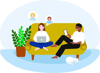 vector illustration of a girl and a man on the couch working via the internet on a laptop and phone