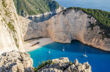 Spectacular view on Navagio sandy beach with famous shipwreck on north west coast of Zakynthos...