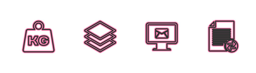 Set line Weight, Monitor and envelope, Layers and Transfer files icon. Vector