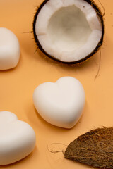 Photos of coconut oil-based household soap in the shape of a heart