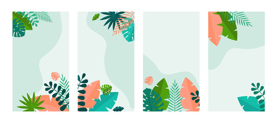 Simple Tropical Palm and Motstera Leaves Natural set Background. Vector Illustration