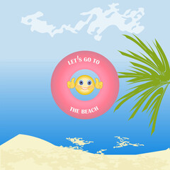 Swimming inflatable ring, seascape, cheerful little man - vector. Summer vacation.