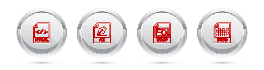 Set line HTML file document, AI, BMP and PNG. Silver circle button. Vector