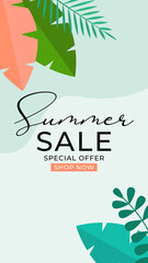Summer sale background with tropical leaves. Vector Illustration