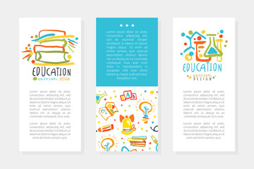 Education Card Templates Set with Space for Text and School Supplies, Brochure, Banner, Flyer Design Vector Illustration
