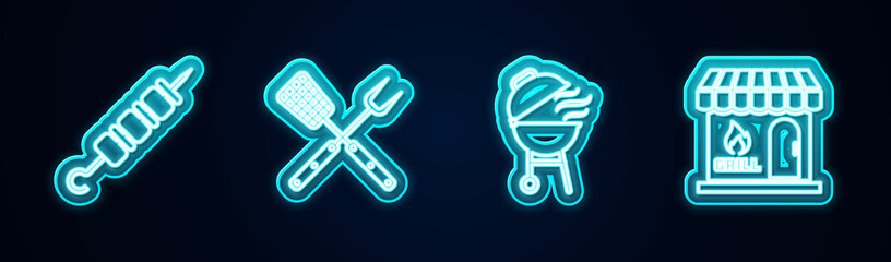 Set line Grilled shish kebab, Crossed fork and spatula, Barbecue grill and shopping building. Glowing neon icon. Vector