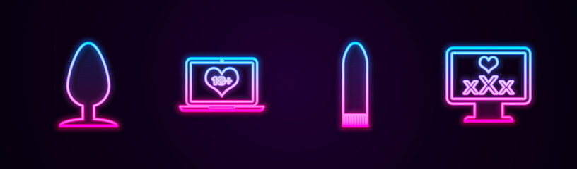 Set line Anal plug, Laptop with 18 plus content, Dildo vibrator and Monitor. Glowing neon icon. Vector