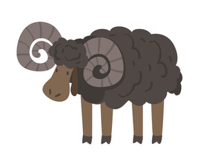 Cute Black Ram Farm Animal, Livestock Cartoon Vector Illustration